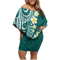 Plumeria With Teal Polynesian Tattoo Pattern Family Matching Off Shoulder Short Dress and Hawaiian Shirt LT05 Mom's Dress Teal - Polynesian Pride