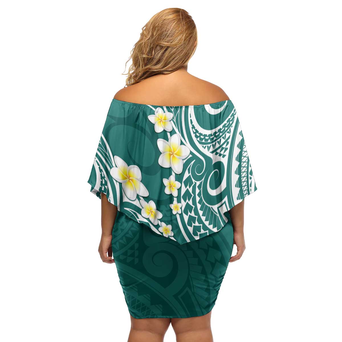 Plumeria With Teal Polynesian Tattoo Pattern Family Matching Off Shoulder Short Dress and Hawaiian Shirt LT05 - Polynesian Pride