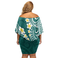 Plumeria With Teal Polynesian Tattoo Pattern Family Matching Off Shoulder Short Dress and Hawaiian Shirt LT05 - Polynesian Pride