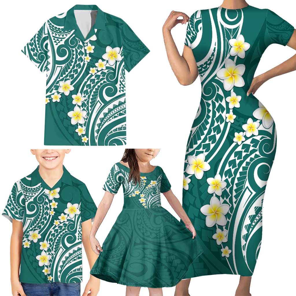 Plumeria With Teal Polynesian Tattoo Pattern Family Matching Short Sleeve Bodycon Dress and Hawaiian Shirt LT05 - Polynesian Pride