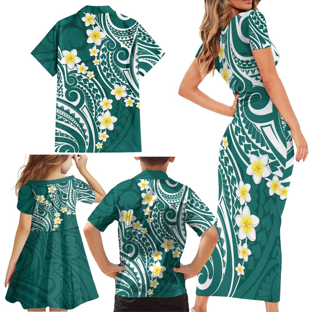Plumeria With Teal Polynesian Tattoo Pattern Family Matching Short Sleeve Bodycon Dress and Hawaiian Shirt LT05 - Polynesian Pride