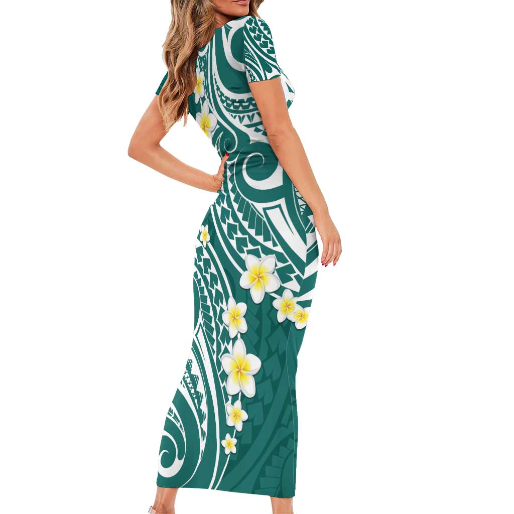 Plumeria With Teal Polynesian Tattoo Pattern Family Matching Short Sleeve Bodycon Dress and Hawaiian Shirt LT05 - Polynesian Pride