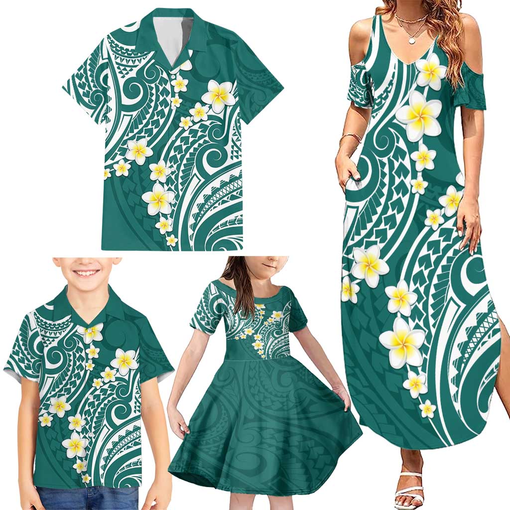 Plumeria With Teal Polynesian Tattoo Pattern Family Matching Summer Maxi Dress and Hawaiian Shirt LT05 - Polynesian Pride