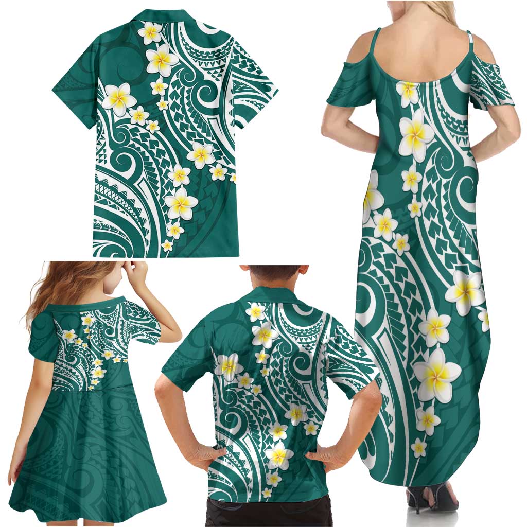 Plumeria With Teal Polynesian Tattoo Pattern Family Matching Summer Maxi Dress and Hawaiian Shirt LT05 - Polynesian Pride