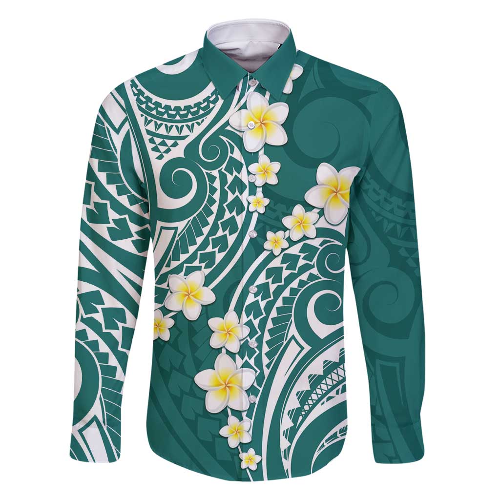 Plumeria With Teal Polynesian Tattoo Pattern Family Matching Summer Maxi Dress and Hawaiian Shirt LT05 Dad's Shirt - Long Sleeve Teal - Polynesian Pride