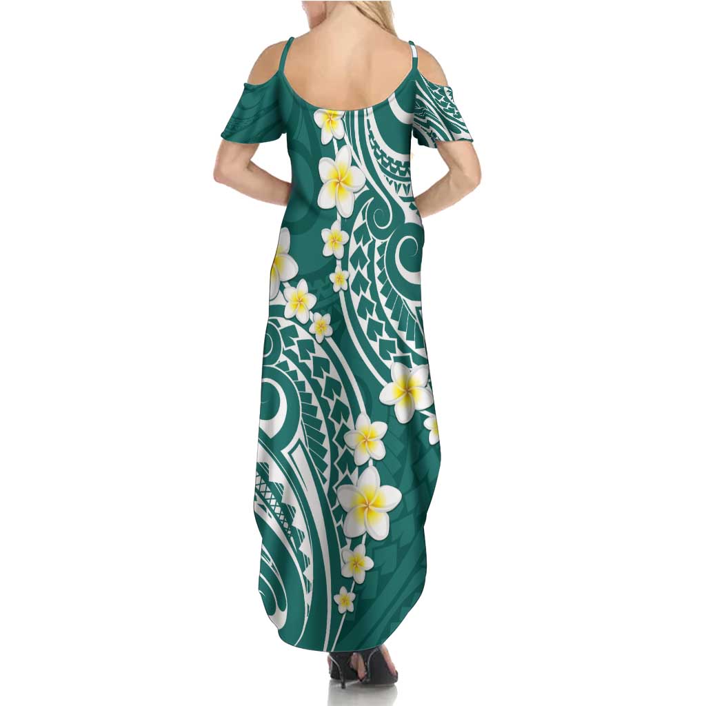Plumeria With Teal Polynesian Tattoo Pattern Family Matching Summer Maxi Dress and Hawaiian Shirt LT05 - Polynesian Pride