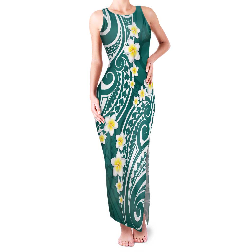 Plumeria With Teal Polynesian Tattoo Pattern Family Matching Tank Maxi Dress and Hawaiian Shirt LT05 Mom's Dress Teal - Polynesian Pride
