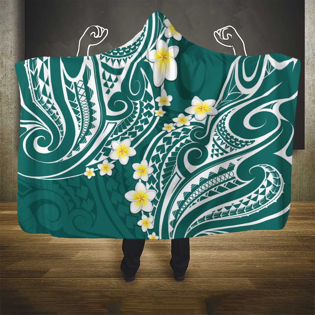 Plumeria With Teal Polynesian Tattoo Pattern Hooded Blanket