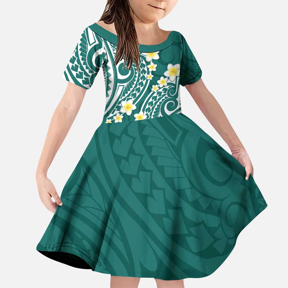 Plumeria With Teal Polynesian Tattoo Pattern Kid Short Sleeve Dress LT05 KID Teal - Polynesian Pride
