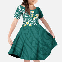 Plumeria With Teal Polynesian Tattoo Pattern Kid Short Sleeve Dress LT05 KID Teal - Polynesian Pride