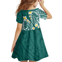 Plumeria With Teal Polynesian Tattoo Pattern Kid Short Sleeve Dress LT05 - Polynesian Pride