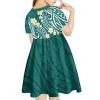 Plumeria With Teal Polynesian Tattoo Pattern Kid Short Sleeve Dress LT05 - Polynesian Pride