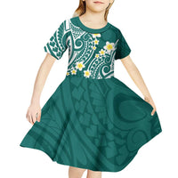 Plumeria With Teal Polynesian Tattoo Pattern Kid Short Sleeve Dress LT05 - Polynesian Pride