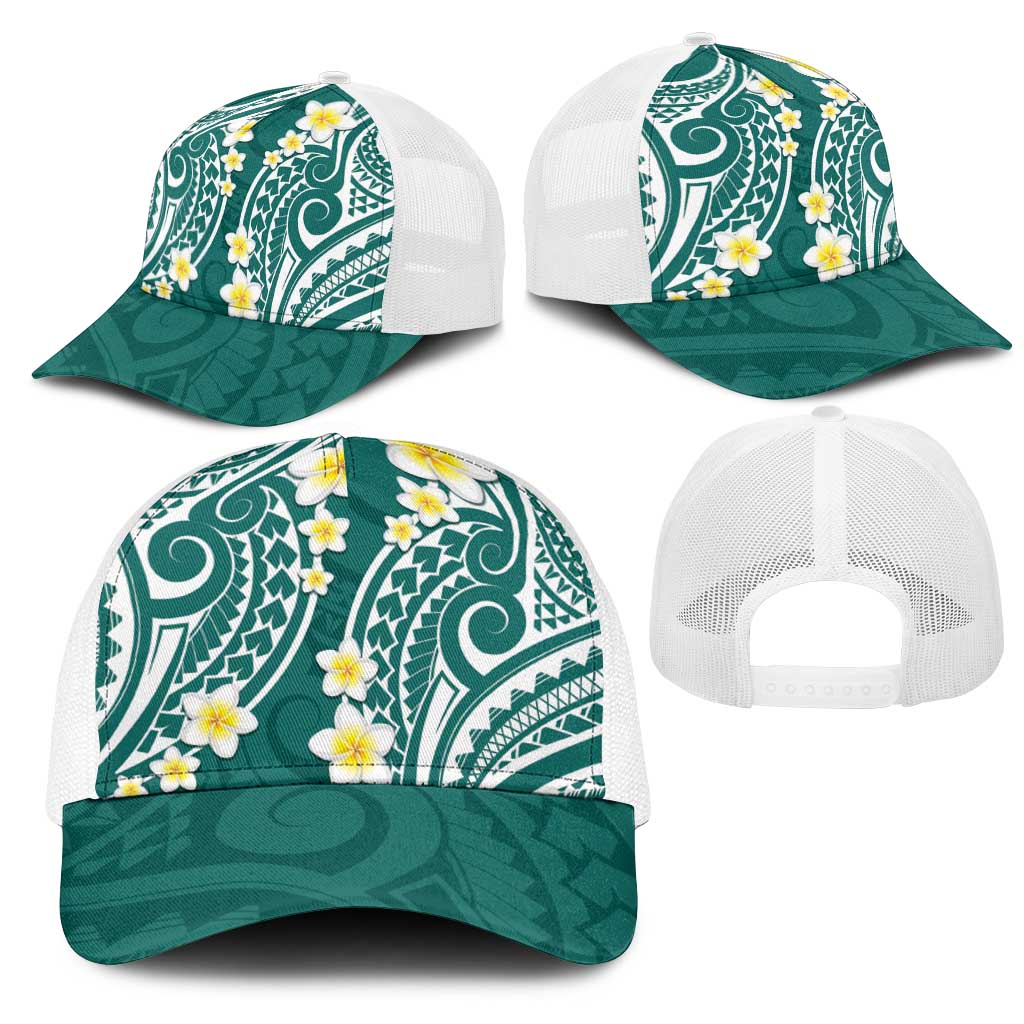 Plumeria With Teal Polynesian Tattoo Pattern Mesh Trucker Cap - Polynesian Pride