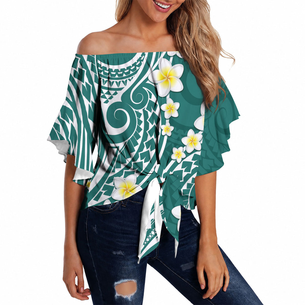Plumeria With Teal Polynesian Tattoo Pattern Off Shoulder Wrap Waist Top LT05 - Polynesian Pride