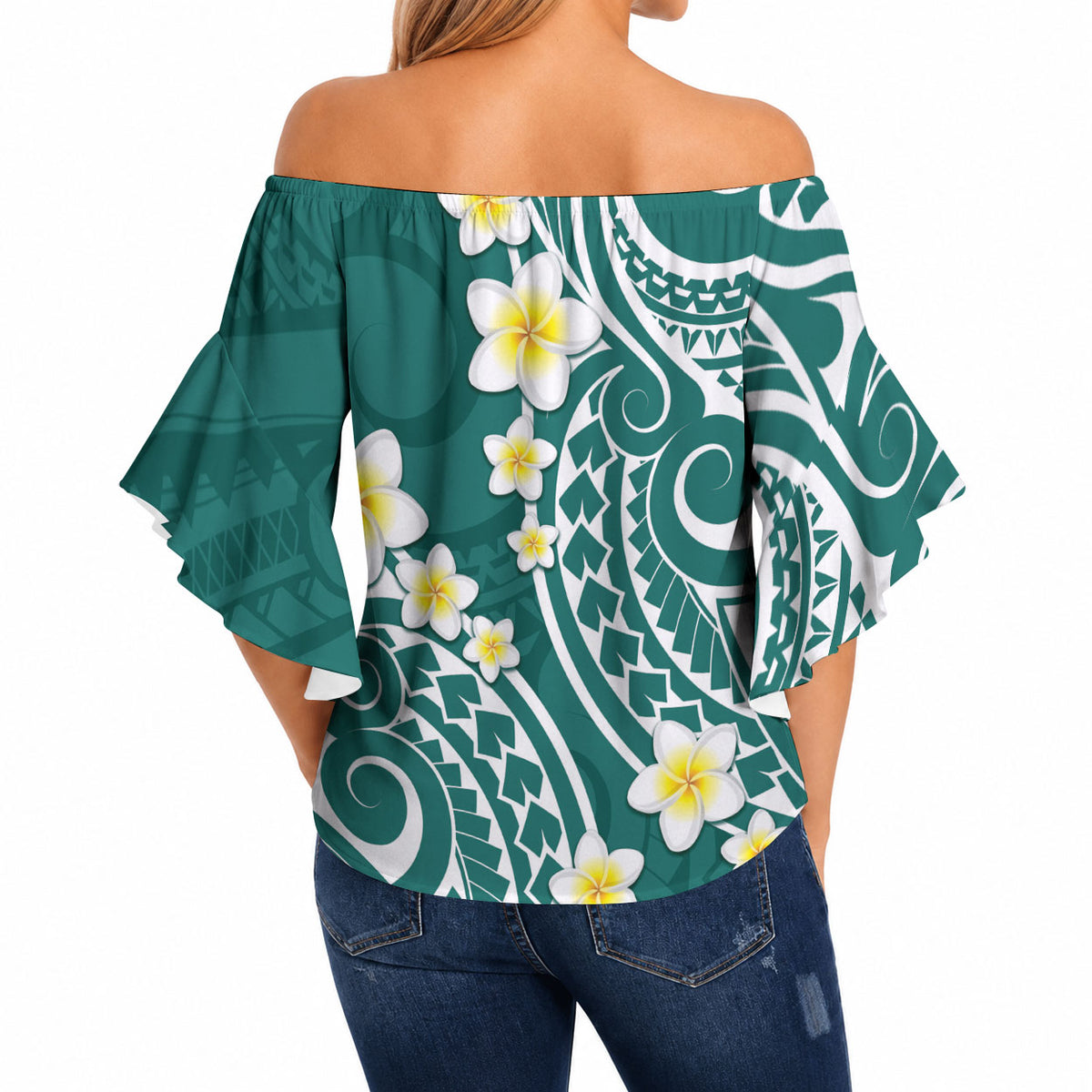 Plumeria With Teal Polynesian Tattoo Pattern Off Shoulder Wrap Waist Top LT05 - Polynesian Pride