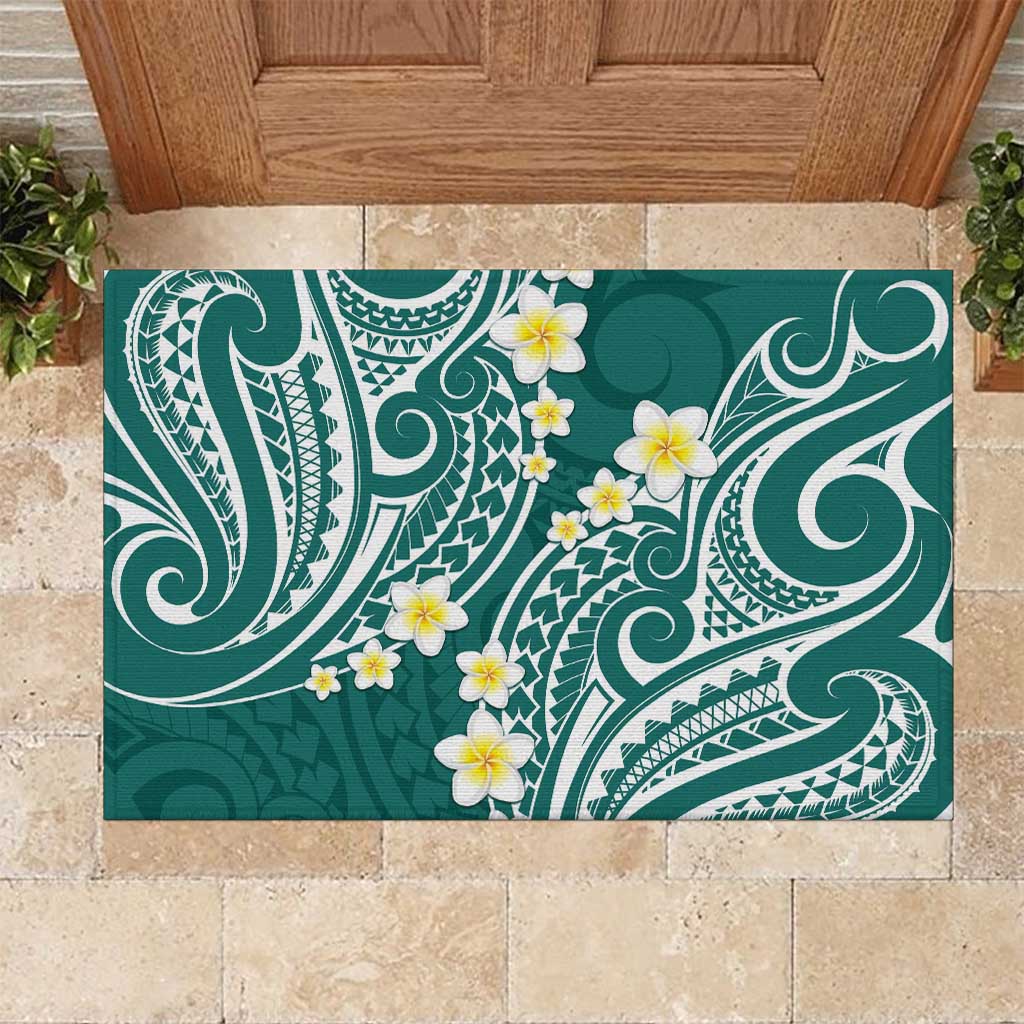 Plumeria With Teal Polynesian Tattoo Pattern Rubber Doormat
