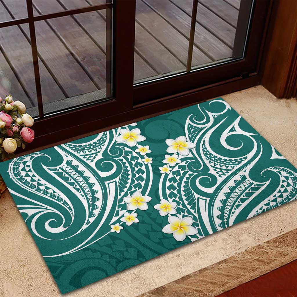 Plumeria With Teal Polynesian Tattoo Pattern Rubber Doormat