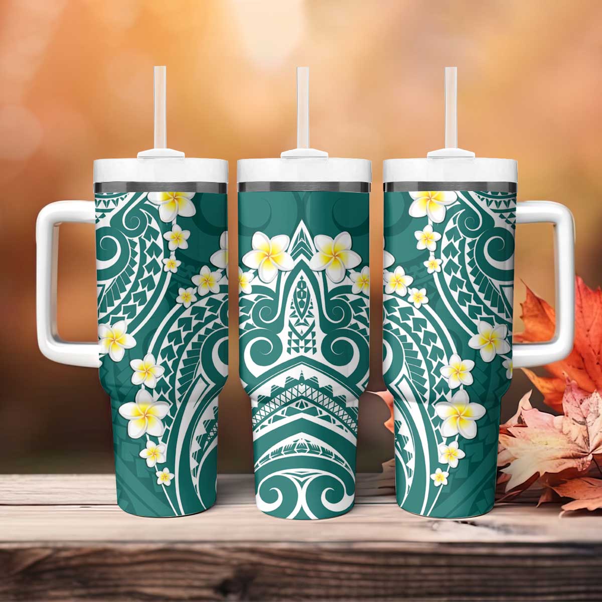 Plumeria With Teal Polynesian Tattoo Pattern Tumbler With Handle
