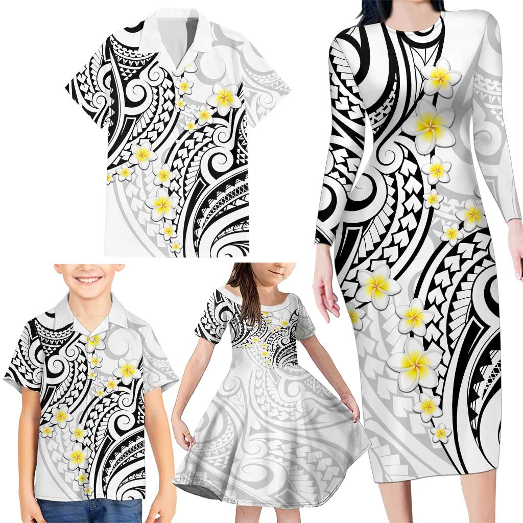 Plumeria With White Polynesian Tattoo Pattern Family Matching Long Sleeve Bodycon Dress and Hawaiian Shirt LT05 - Polynesian Pride