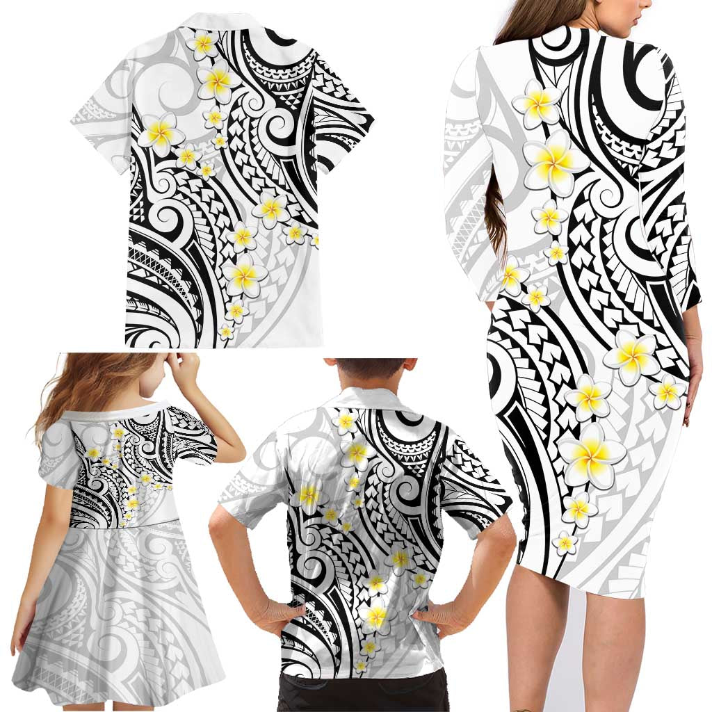 Plumeria With White Polynesian Tattoo Pattern Family Matching Long Sleeve Bodycon Dress and Hawaiian Shirt LT05 - Polynesian Pride