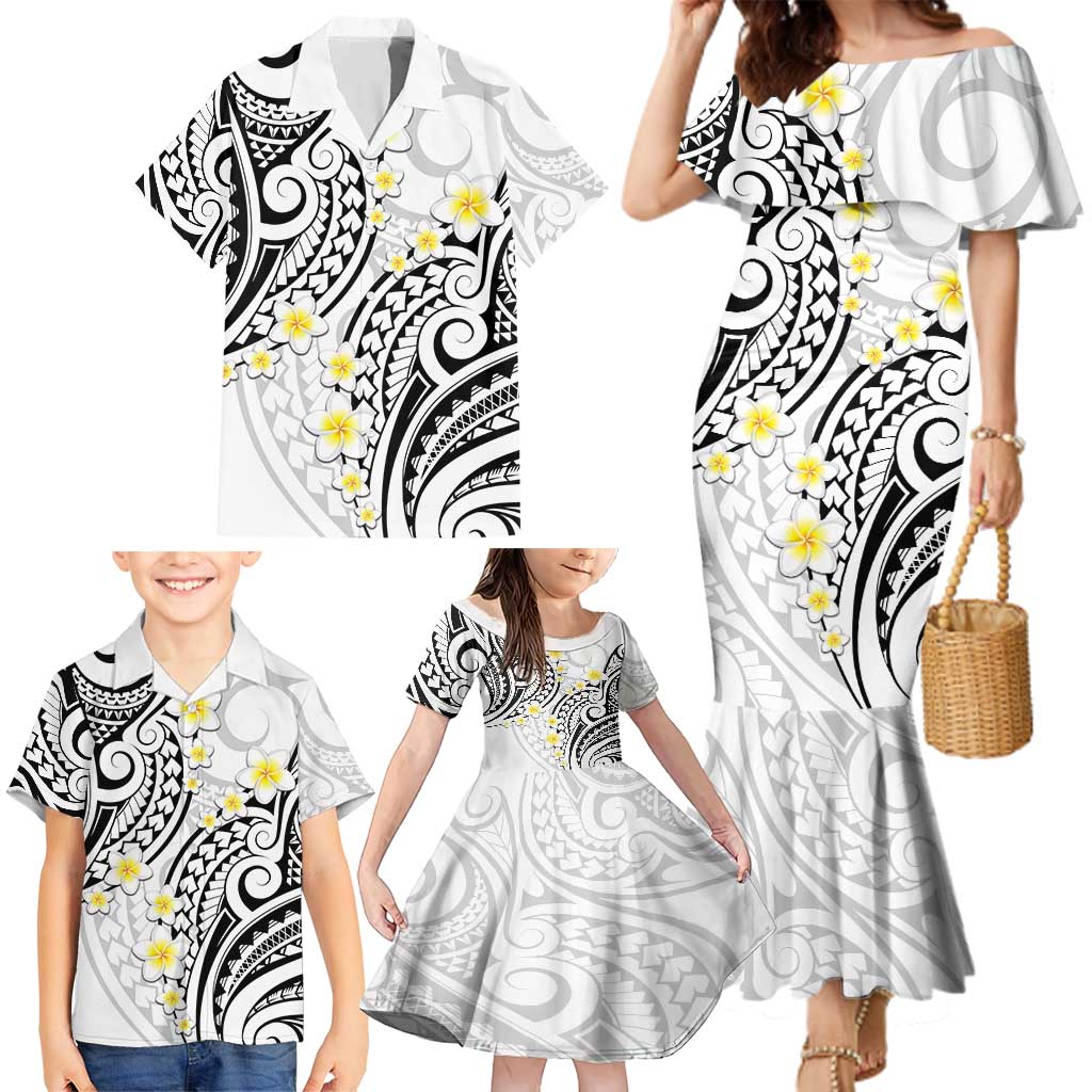 Plumeria With White Polynesian Tattoo Pattern Family Matching Mermaid Dress and Hawaiian Shirt LT05 - Polynesian Pride