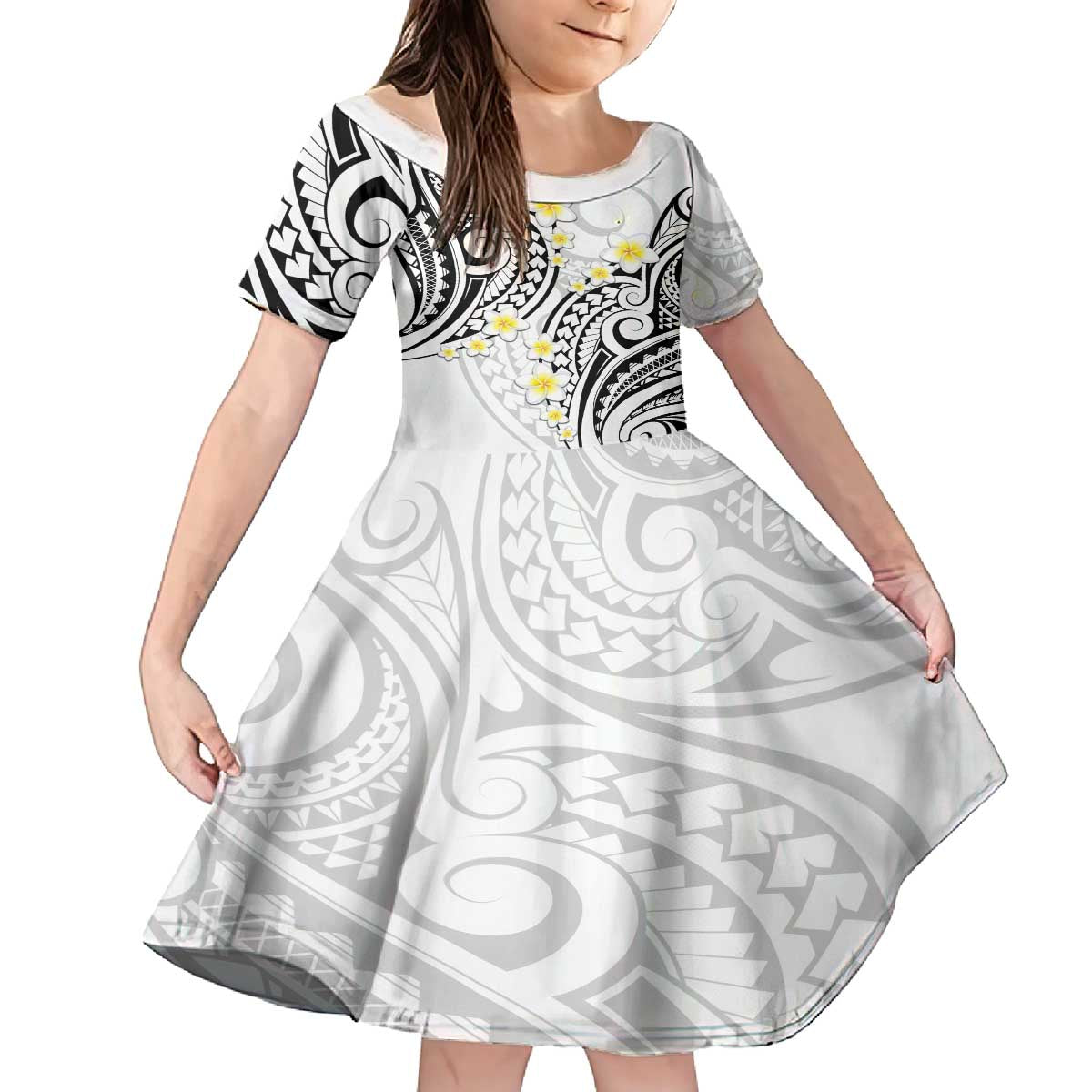 Plumeria With White Polynesian Tattoo Pattern Family Matching Off The Shoulder Long Sleeve Dress and Hawaiian Shirt LT05 Daughter's Dress White - Polynesian Pride