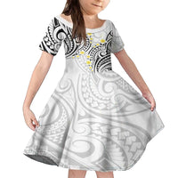 Plumeria With White Polynesian Tattoo Pattern Family Matching Off The Shoulder Long Sleeve Dress and Hawaiian Shirt LT05 Daughter's Dress White - Polynesian Pride