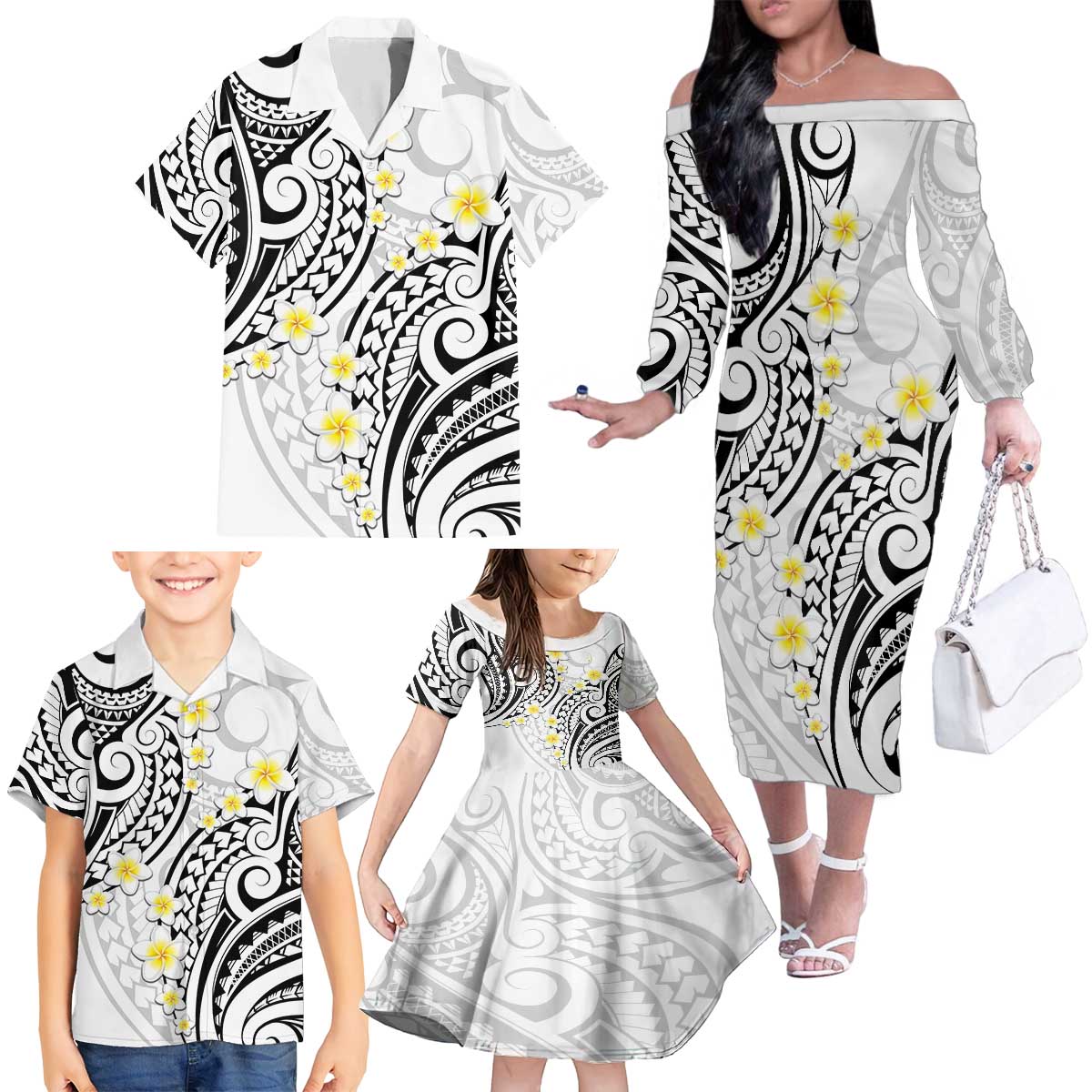 Plumeria With White Polynesian Tattoo Pattern Family Matching Off The Shoulder Long Sleeve Dress and Hawaiian Shirt LT05 - Polynesian Pride