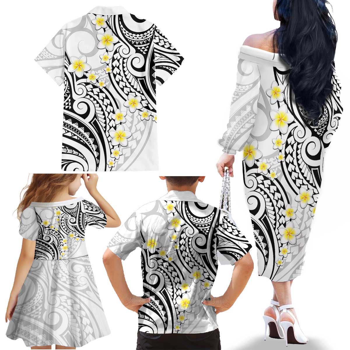 Plumeria With White Polynesian Tattoo Pattern Family Matching Off The Shoulder Long Sleeve Dress and Hawaiian Shirt LT05 - Polynesian Pride