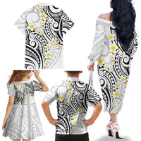 Plumeria With White Polynesian Tattoo Pattern Family Matching Off The Shoulder Long Sleeve Dress and Hawaiian Shirt LT05 - Polynesian Pride