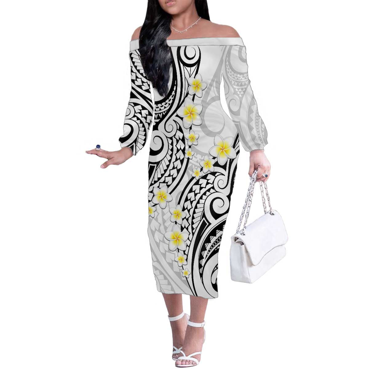 Plumeria With White Polynesian Tattoo Pattern Family Matching Off The Shoulder Long Sleeve Dress and Hawaiian Shirt LT05 Mom's Dress White - Polynesian Pride