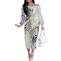 Plumeria With White Polynesian Tattoo Pattern Family Matching Off The Shoulder Long Sleeve Dress and Hawaiian Shirt LT05 Mom's Dress White - Polynesian Pride