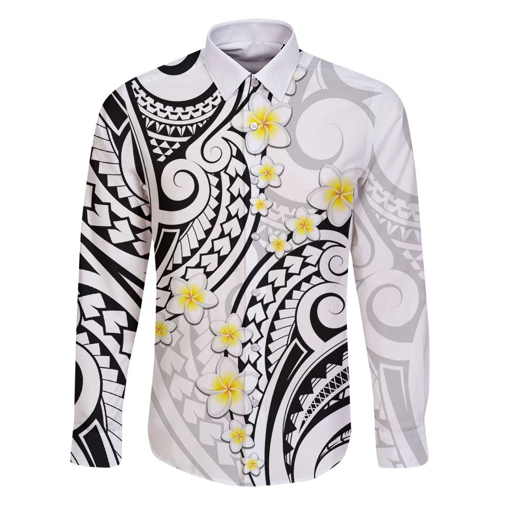 Plumeria With White Polynesian Tattoo Pattern Family Matching Off Shoulder Maxi Dress and Hawaiian Shirt LT05 Dad's Shirt - Long Sleeve White - Polynesian Pride