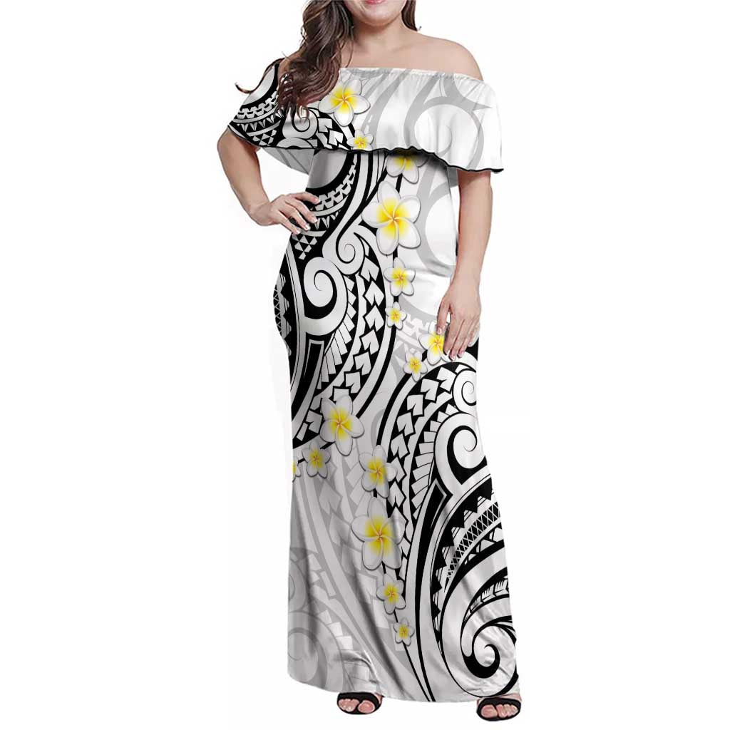 Plumeria With White Polynesian Tattoo Pattern Family Matching Off Shoulder Maxi Dress and Hawaiian Shirt LT05 Mom's Dress White - Polynesian Pride