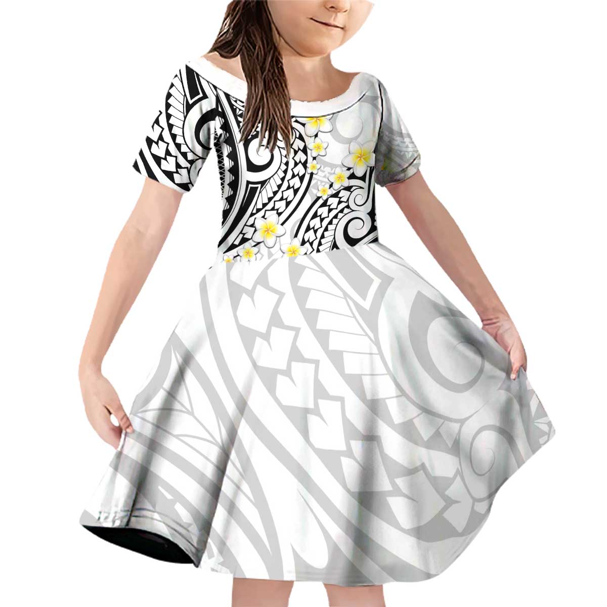 Plumeria With White Polynesian Tattoo Pattern Family Matching Off Shoulder Short Dress and Hawaiian Shirt LT05 Daughter's Dress White - Polynesian Pride