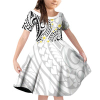 Plumeria With White Polynesian Tattoo Pattern Family Matching Off Shoulder Short Dress and Hawaiian Shirt LT05 Daughter's Dress White - Polynesian Pride