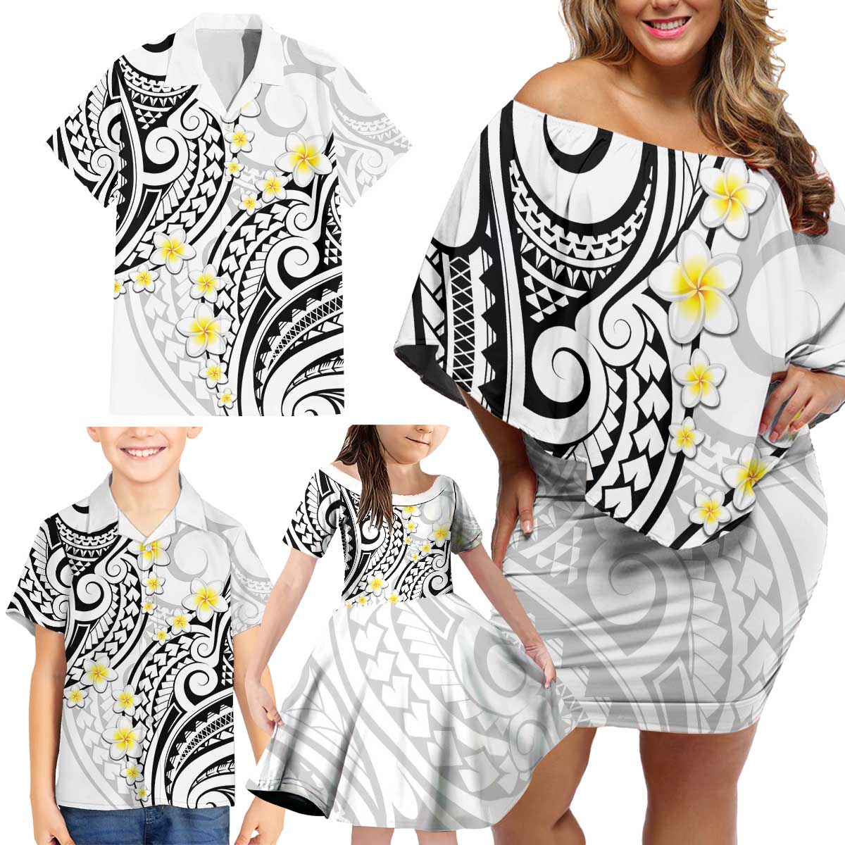 Plumeria With White Polynesian Tattoo Pattern Family Matching Off Shoulder Short Dress and Hawaiian Shirt LT05 - Polynesian Pride