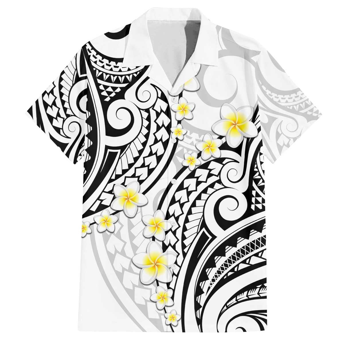 Plumeria With White Polynesian Tattoo Pattern Family Matching Off Shoulder Short Dress and Hawaiian Shirt LT05 Dad's Shirt - Short Sleeve White - Polynesian Pride