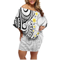 Plumeria With White Polynesian Tattoo Pattern Family Matching Off Shoulder Short Dress and Hawaiian Shirt LT05 Mom's Dress White - Polynesian Pride