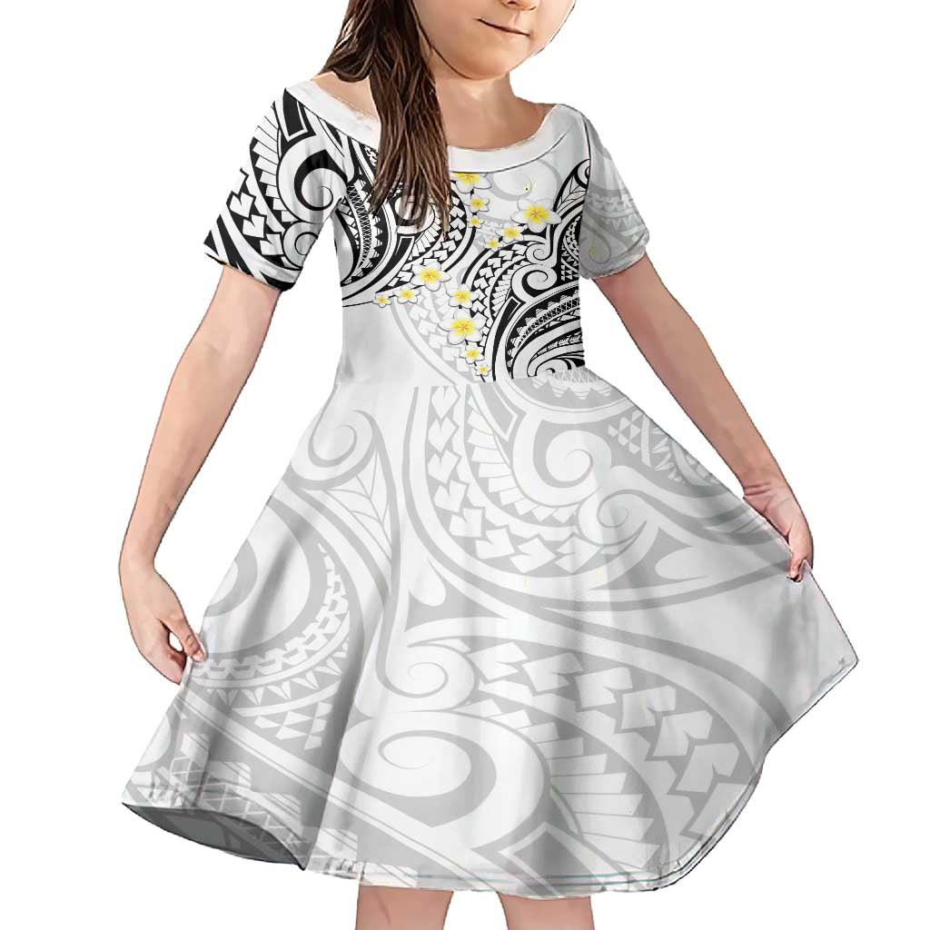 Plumeria With White Polynesian Tattoo Pattern Family Matching Short Sleeve Bodycon Dress and Hawaiian Shirt LT05 Daughter's Dress White - Polynesian Pride