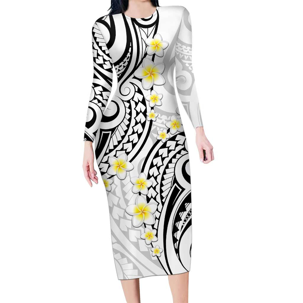 Plumeria With White Polynesian Tattoo Pattern Long Sleeve Bodycon Dress LT05 Long Dress White - Polynesian Pride