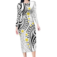 Plumeria With White Polynesian Tattoo Pattern Long Sleeve Bodycon Dress LT05 Long Dress White - Polynesian Pride