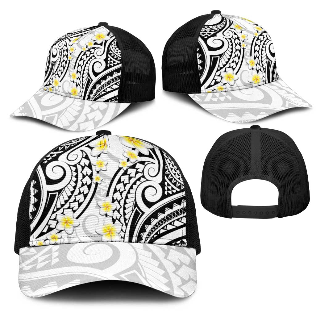 Plumeria With White Polynesian Tattoo Pattern Mesh Trucker Cap - Polynesian Pride