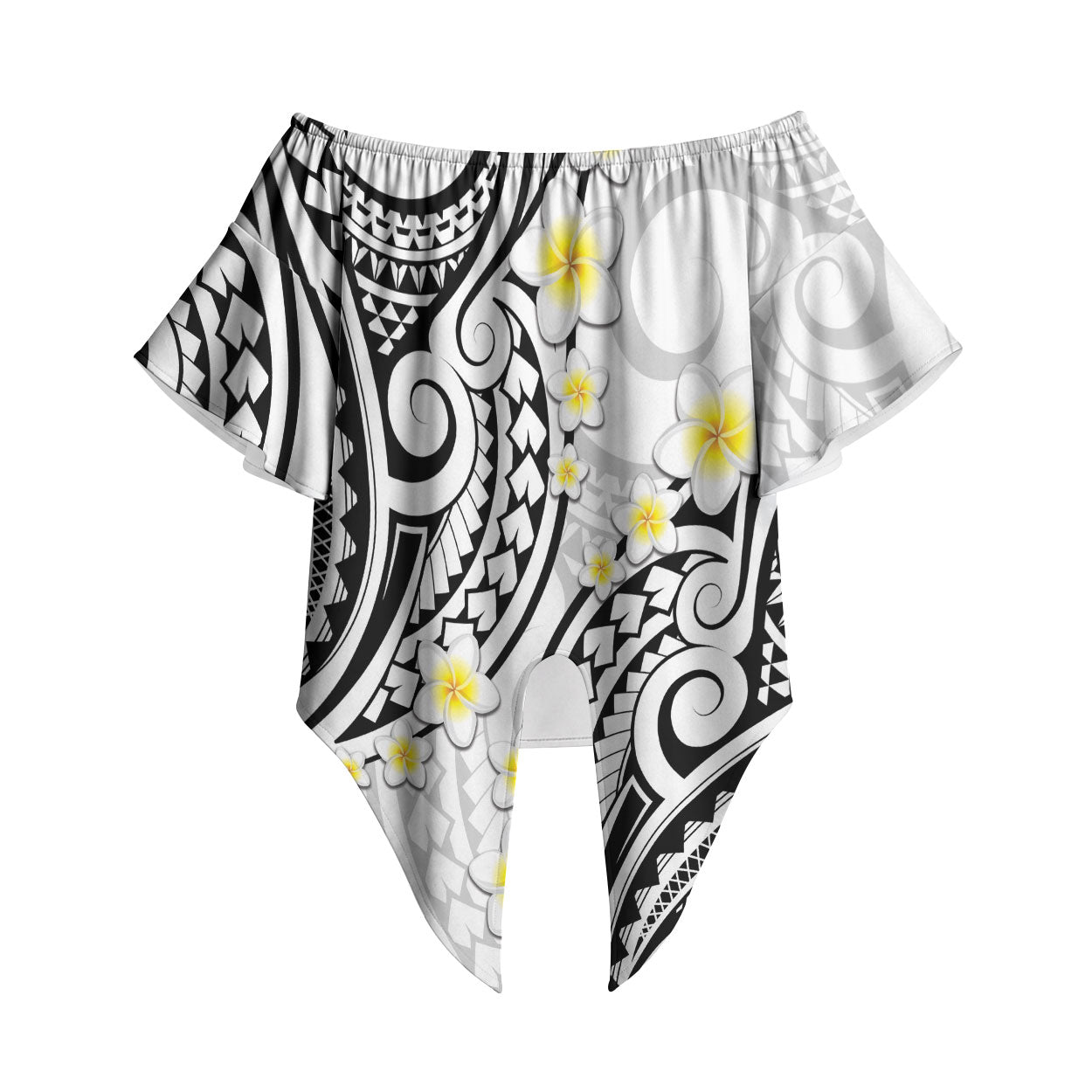 Plumeria With White Polynesian Tattoo Pattern Off Shoulder Wrap Waist Top LT05 White - Polynesian Pride