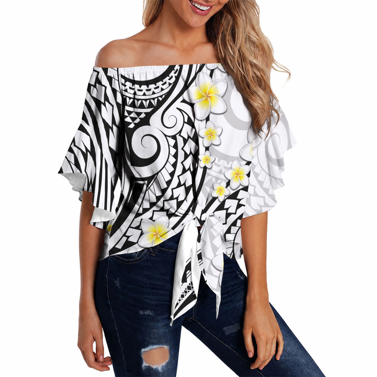 Plumeria With White Polynesian Tattoo Pattern Off Shoulder Wrap Waist Top LT05 - Polynesian Pride