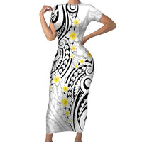 Plumeria With White Polynesian Tattoo Pattern Short Sleeve Bodycon Dress LT05 Long Dress White - Polynesian Pride