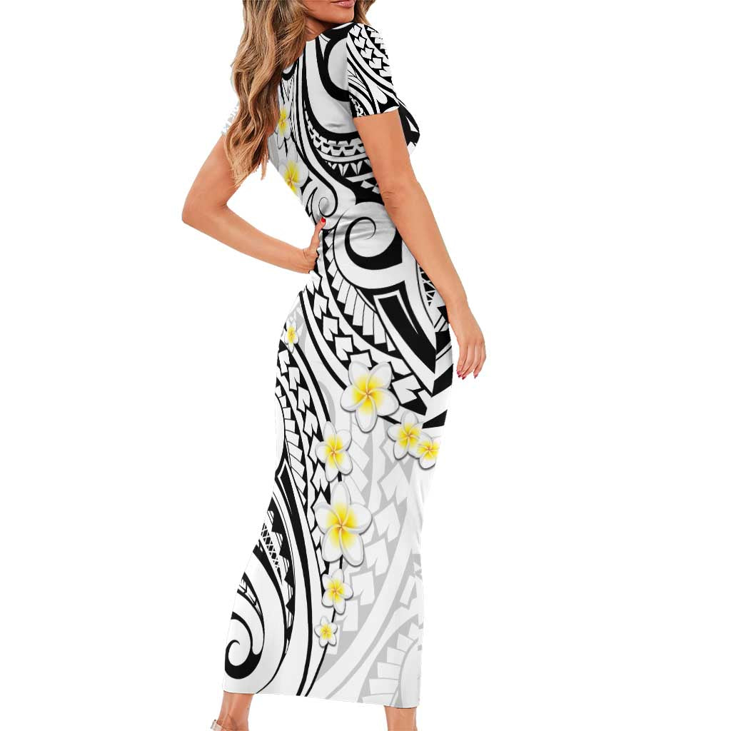 Plumeria With White Polynesian Tattoo Pattern Short Sleeve Bodycon Dress LT05 - Polynesian Pride