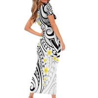Plumeria With White Polynesian Tattoo Pattern Short Sleeve Bodycon Dress LT05 - Polynesian Pride
