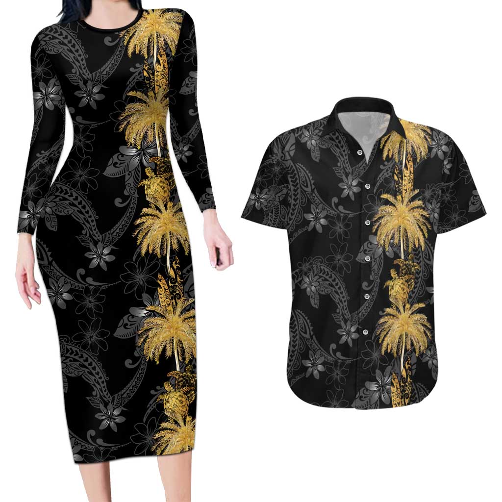 Hawaiian Honu And Surfboards Couples Matching Long Sleeve Bodycon Dress and Hawaiian Shirt Gold Style - Polynesian Pride